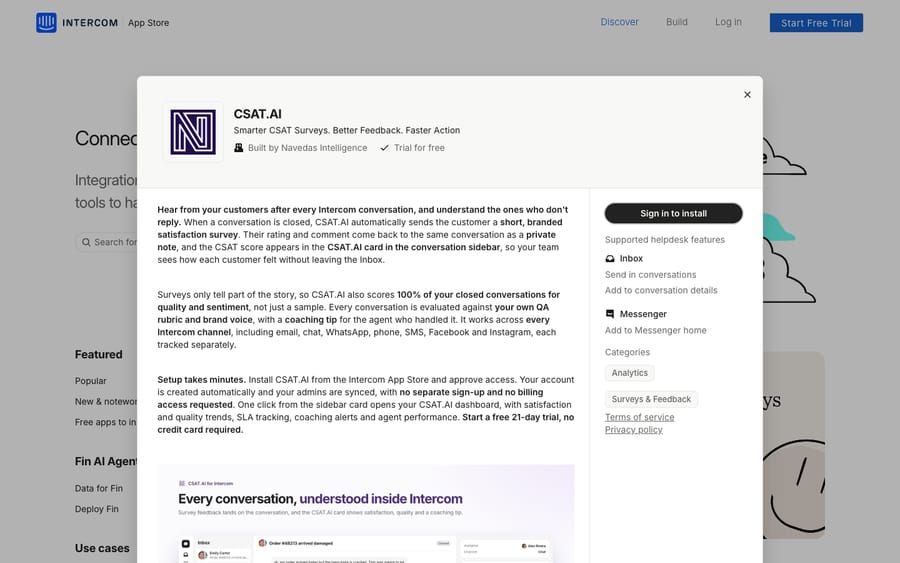 CSAT.AI's listing on the Intercom App Store, captured October 30, 2026