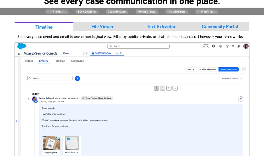 Email to Case Premium's product page showing the case Timeline in the Service Console, captured October 30, 2026