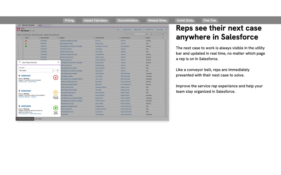 Case Flags' product page showing the Case Flags utility bar beside a case list in Salesforce, captured October 30, 2026