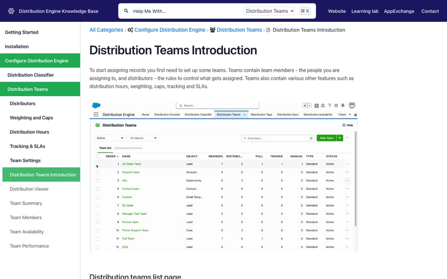 Distribution Engine's help center showing the Distribution Teams screen inside Salesforce, captured October 30, 2026