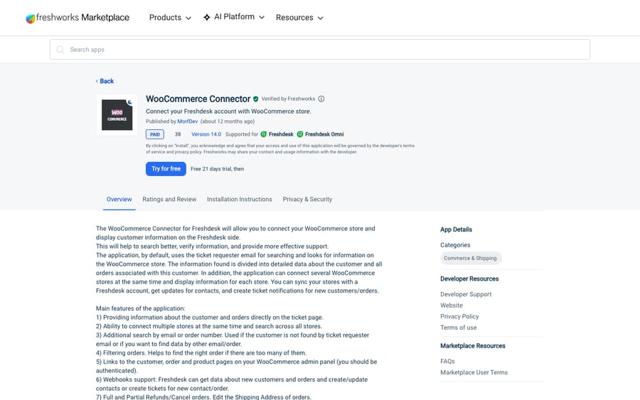 WooCommerce Connector's listing on the Freshworks Marketplace, US view captured October 30, 2026 via the Wayback Machine