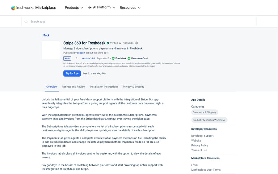 Stripe 360 for Freshdesk's listing on the Freshworks Marketplace, US view captured October 30, 2026 via the Wayback Machine