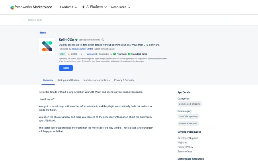 Seller2Go's listing on the Freshworks Marketplace, US view captured October 30, 2026 via the Wayback Machine