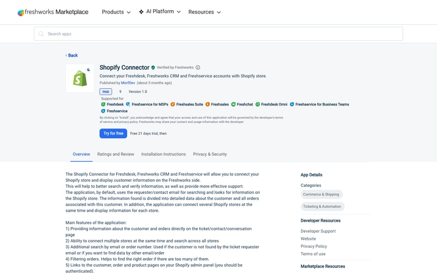 Shopify Connector's listing on the Freshworks Marketplace, US view captured October 30, 2026 via the Wayback Machine