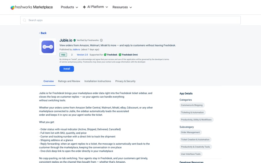 Juble.io's listing on the Freshworks Marketplace, US view captured October 30, 2026 via the Wayback Machine