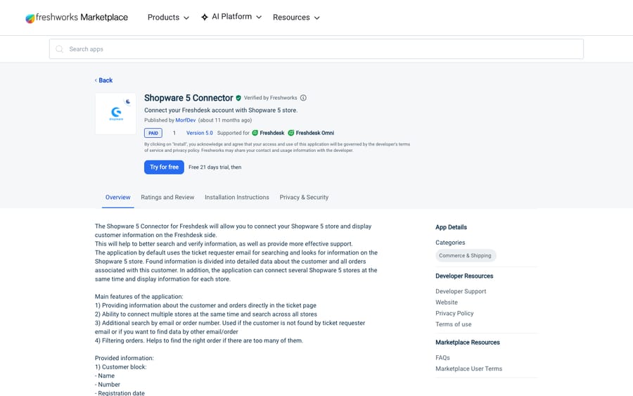 Shopware 5 Connector's listing on the Freshworks Marketplace, US view captured October 30, 2026 via the Wayback Machine