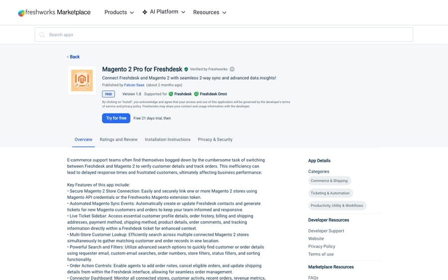 Magento 2 Pro for Freshdesk's listing on the Freshworks Marketplace, US view captured October 30, 2026 via the Wayback Machine