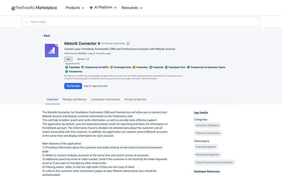 Metorik Connector's listing on the Freshworks Marketplace, US view captured October 30, 2026 via the Wayback Machine