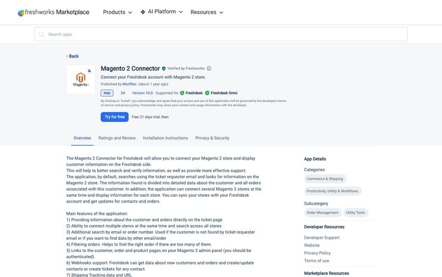 Magento 2 Connector's listing on the Freshworks Marketplace, US view captured October 30, 2026 via the Wayback Machine