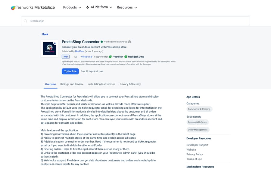 PrestaShop Connector's listing on the Freshworks Marketplace, US view captured October 30, 2026 via the Wayback Machine