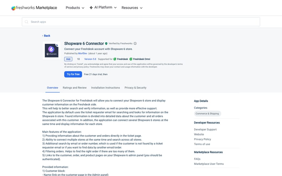 Shopware 6 Connector's listing on the Freshworks Marketplace, US view captured October 30, 2026 via the Wayback Machine