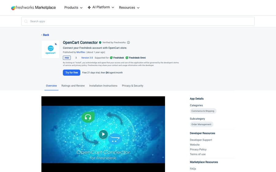 OpenCart Connector's listing on the Freshworks Marketplace, US view captured October 30, 2026 via the Wayback Machine