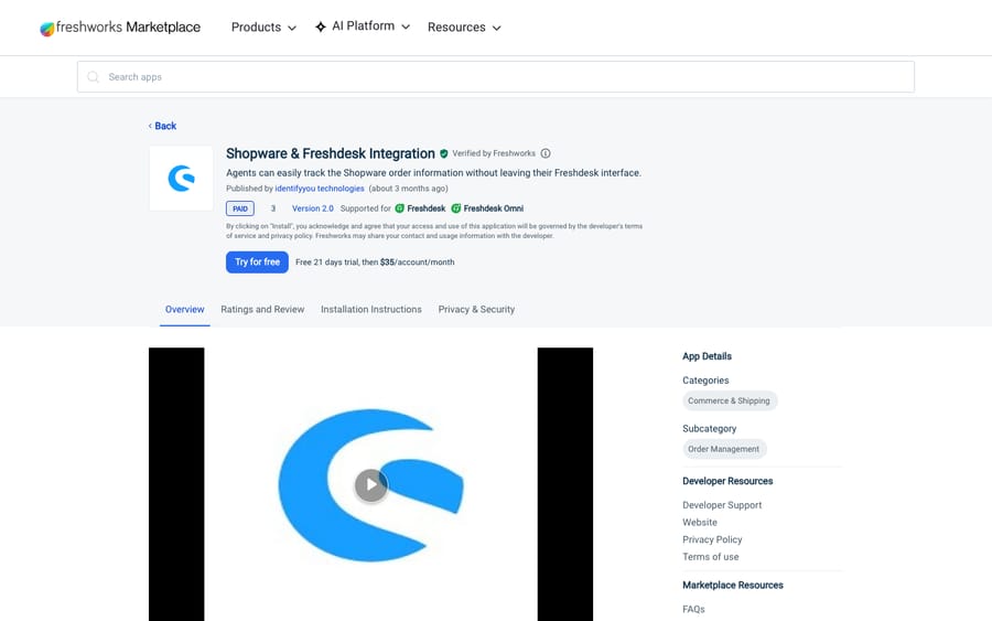 Shopware & Freshdesk Integration's listing on the Freshworks Marketplace, US view captured October 30, 2026 via the Wayback Machine