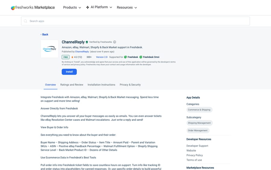 ChannelReply's listing on the Freshworks Marketplace, US view captured October 30, 2026 via the Wayback Machine