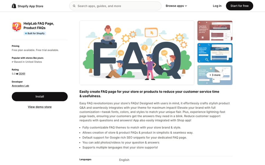 HelpLab FAQ Page, Product FAQs' listing on the Shopify App Store, US view captured October 30, 2026 via the Wayback Machine