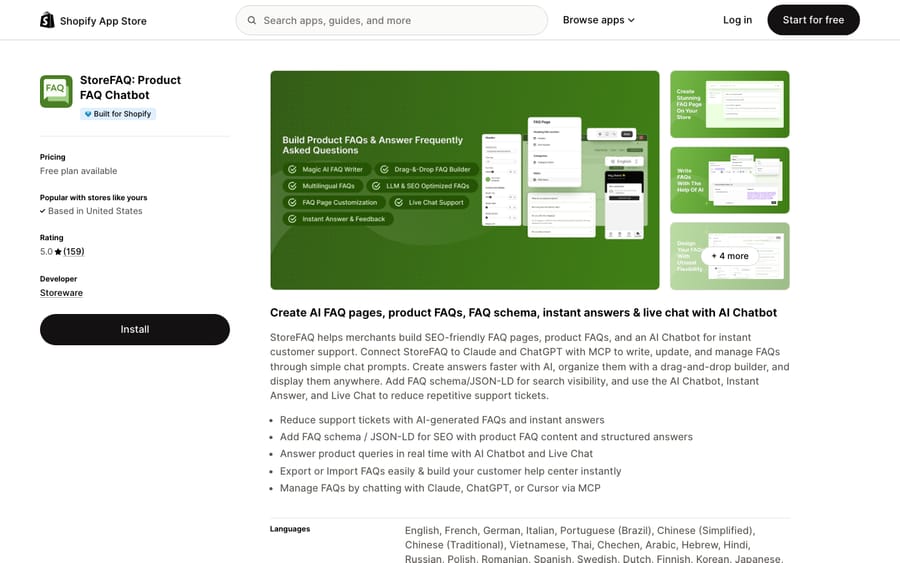 StoreFAQ's listing on the Shopify App Store, US view captured October 30, 2026 via the Wayback Machine