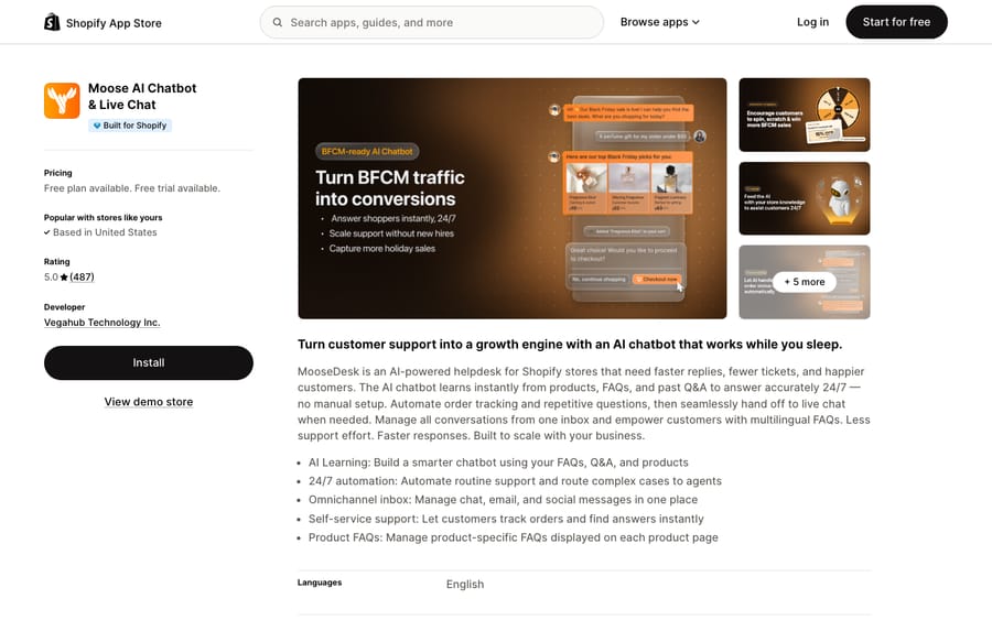 Moose AI Chatbot & Live Chat's listing on the Shopify App Store, US view captured October 30, 2026 via the Wayback Machine