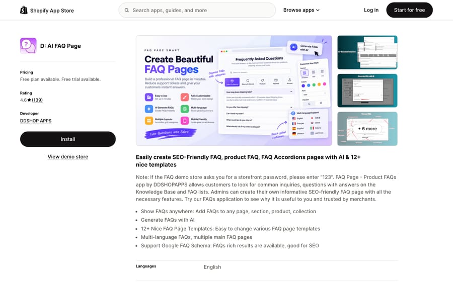 D: AI FAQ Page's listing on the Shopify App Store, US view captured October 30, 2026 via the Wayback Machine