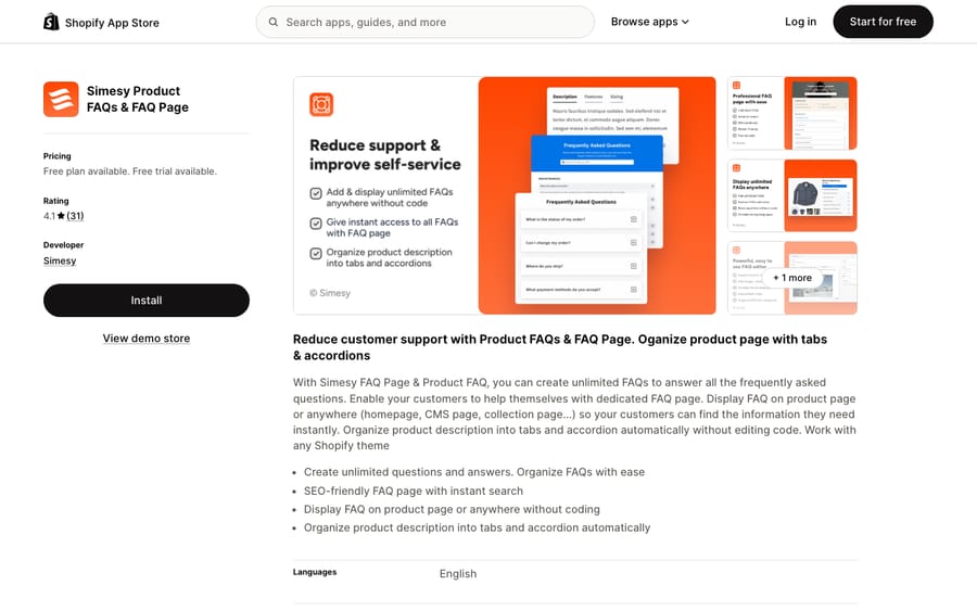 Simesy Product FAQs & FAQ Page's listing on the Shopify App Store, US view captured October 30, 2026 via the Wayback Machine