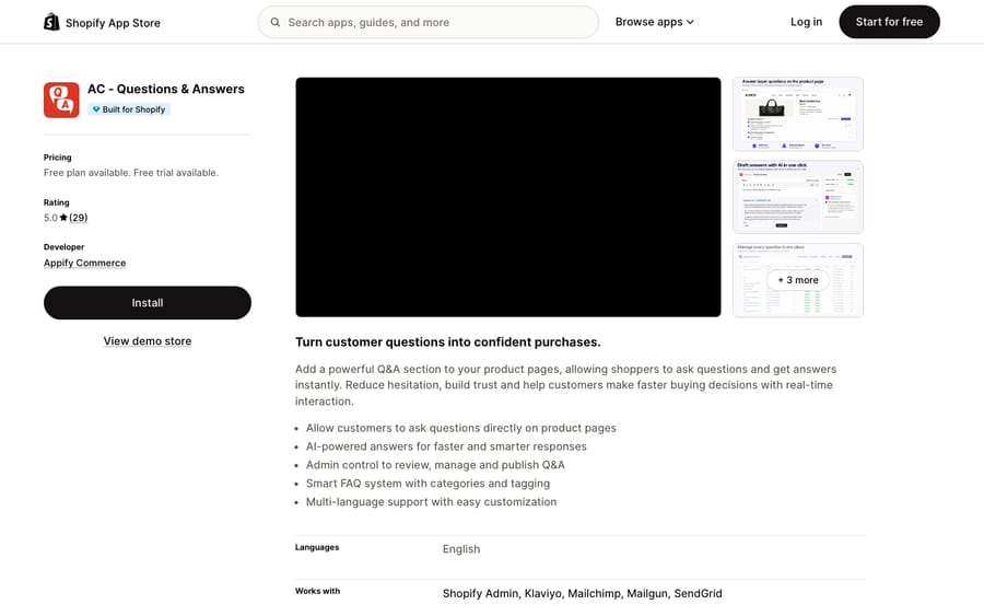 AC: Questions & Answers' listing on the Shopify App Store, US view captured October 30, 2026 via the Wayback Machine