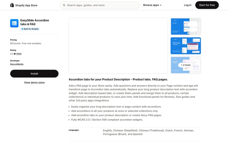 EasySlide Accordion tabs & FAQ's listing on the Shopify App Store, US view captured October 30, 2026 via the Wayback Machine