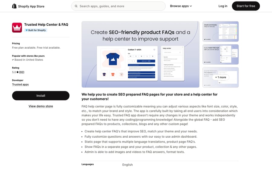 Trusted Help Center & FAQ's listing on the Shopify App Store, US view captured October 30, 2026 via the Wayback Machine