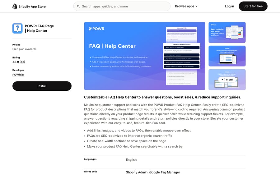 POWR: FAQ Page, Help Center's listing on the Shopify App Store, US view captured October 30, 2026 via the Wayback Machine