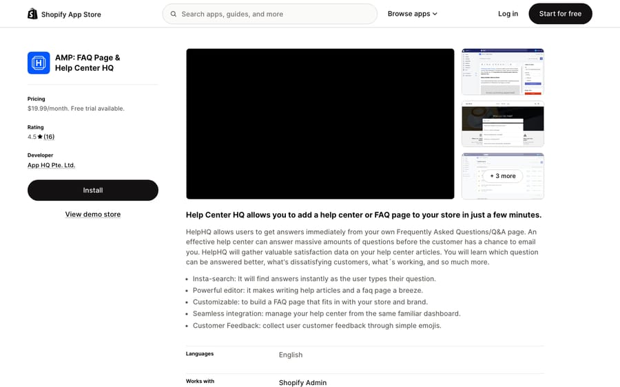AMP: FAQ Page & Help Center HQ's listing on the Shopify App Store, US view captured October 30, 2026 via the Wayback Machine