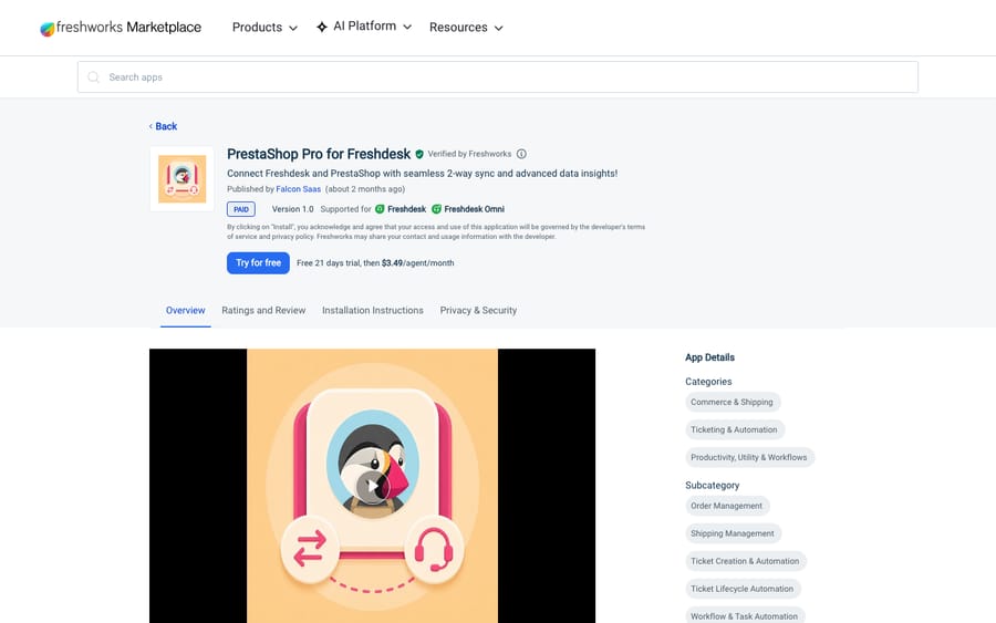 PrestaShop Pro for Freshdesk's listing, US view captured October 30, 2026 via the Wayback Machine