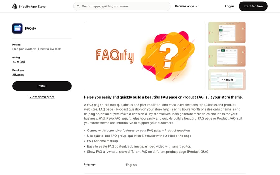 FAQify's listing on the Shopify App Store, US view captured October 30, 2026 via the Wayback Machine