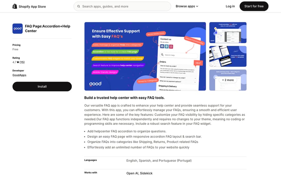 FAQ Page: Accordion+Help Center's listing on the Shopify App Store, US view captured October 30, 2026 via the Wayback Machine